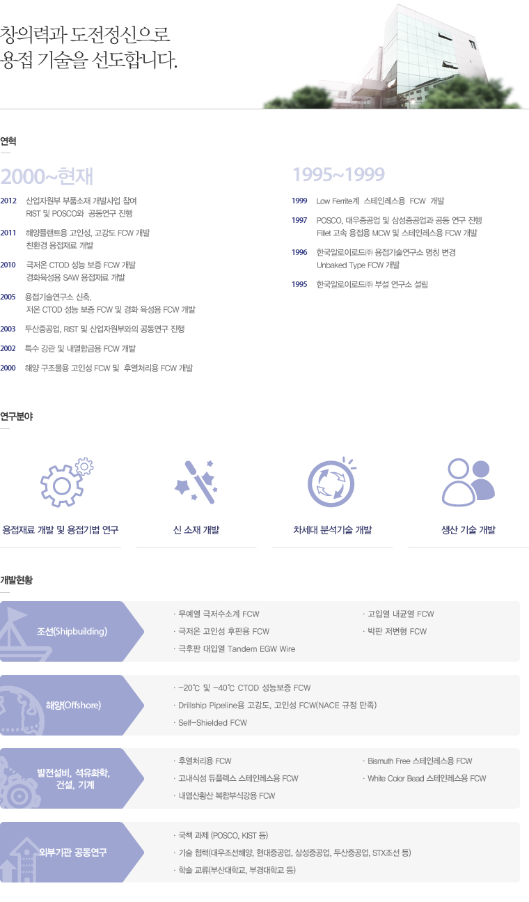 창의력과 도전정신으로 용접 기술을 선도합니다. 1)연혁 2000~현재:2012 산업자원부 부품소재 개발사업 참여, RIST 및 POSCO와 공동연구 진행, 2011 해양플랜트용 고인성, 고강도 FCW 개발, 친환경 용접재료 개발, 2010 극저온 CTOD 성능 보증 FCW 개발, 경화육성용 SAW 용접재료 개발, 2005 용접기술연구소 신축, 저온 CTOD 성능 보증 FCW 및 경화 육성용 FCW 개발, 2003 두산중공업, KIST 및 산업자원부와의 공동연구 진행, 2002 특수 강관 및 내열합금용 FCW 개발, 2000 해양 구조물용 고인성 FCW 및 후열처리용 FCW 개발 1995~1999년 1999 Low Ferrite계 스테인레스용 FCW 개발, 1997 POSCO, 대우중공업 및 삼성중공업과 공동 연구 진행, Filet 고속 용접용 MCW 및 스테일레스용 FCW 개발, 1996 한국알로이로드(주) 용접기술연구소 명칭 변경, Unbaked Type FCW 개발, 1995 한국알로이로드(주) 부설 연구소 설립 2)연구분야 : 용접재료 개발 및 용접기법 연구, 신 소재 개발, 차세대 분석기술 개발, 생산 기술 개발, 3)개발현황 ① 조선(Shipbuilding) : 무예열 극저수 소계 FCW, 고입열 내균열 FCW, 극저온 고인성 후판용 FCW, 박판 저변형 FCW, 극후판 대입열 Tandem EGW Wire ② 해양(Offshore) : -20˚C 및 -40˚C CTOD 성능보증 FCW, Drillship Pipeline용 고강도, 고인성 FCW(NACE 규정 만족), Self-Shielded FCW ③ 발전설비, 석유화학, 건설, 기계 : 후열처리용 FCW, 고내식성 듀플렉스 스테일레스용 FCW, 내염산황산 복합부식강용 FCW, Bismuth Free 스테인레스용 FCW, White Color Bead 스테인레스용 FCW ④ 외부기관 공동연구 : 국채 과제(POSCO, KIST 등), 기술 협력(대우조선해양, 현대중공업, 삼성중공업, 두산중공업, STX조선 등), 학술 교류(부산대학교, 부경대학교 등)